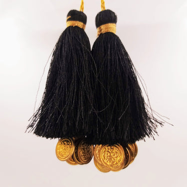 Black Tassels Latkan With Metal Coins, Black Handmade Sewing Latkans, Black And Gold Latkan
